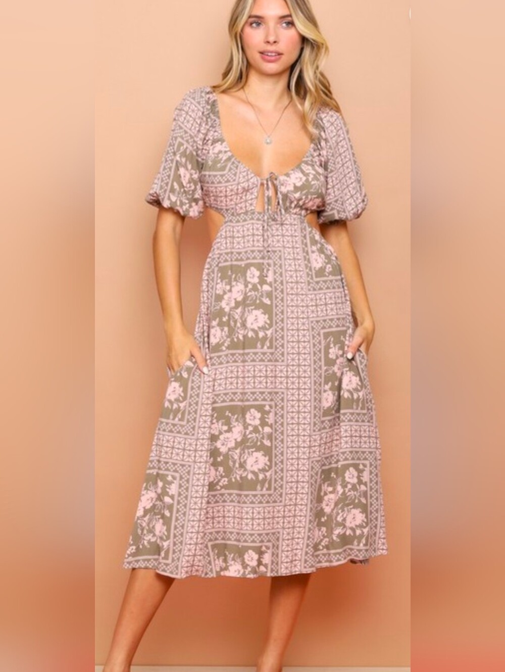 Floral Patchwork Midi Dress With Cutout Back